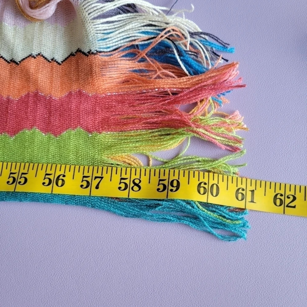 Rainbow 70s Retro Stripe Chevron Print Fringe Oversize Blanket Shawl 61X47 - Picture 4 of 5